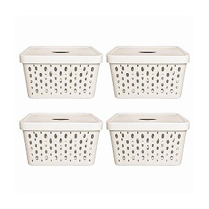 KIT 4 CESTOS ORGANIZADORES OFF WHITE COM TAMPA 17 LITROS