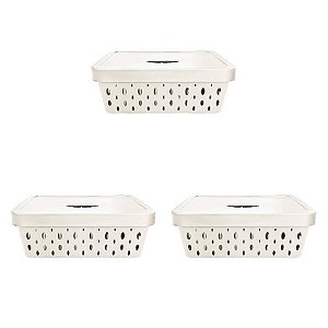 KIT 3 CESTOS ORGANIZADORES OFF WHITE COM TAMPA 11 LITROS