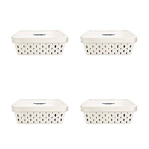 KIT 4 CESTOS ORGANIZADORES OFF WHITE COM TAMPA 11 LITROS