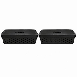 KIT 2 CESTOS ORGANIZADORES PRETO COM TAMPA 11 LITROS