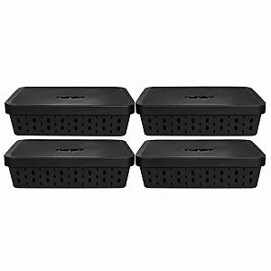 KIT 4 CESTOS ORGANIZADORES PRETO COM TAMPA 11 LITROS