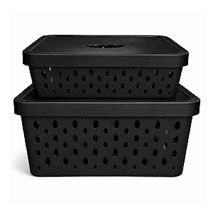 KIT 2 CAIXAS ORGANIZADORAS PRETAS COM TAMPAS 11 E 17 LITROS
