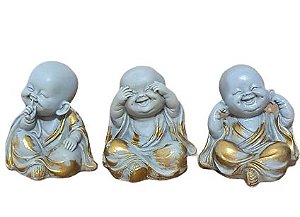 Trio de Budas Sabedoria em po de marmore Cinza e Dourado