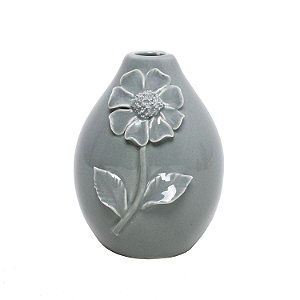 VASO DECORATIVO CERAMICA C/FLOR CINZA