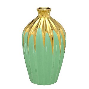 VASO GARRAFA EM CERAMICA VERDE E DOURADO DECORATIVO