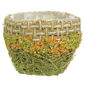 cachepot em Palha com flores laranja e verde