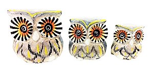 TRIO DE CORUJAS POA CINZA EM MADEIRA - BALI