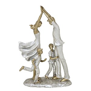 ESCULTURA FAMILIA DECORATIVA COM DOIS MENINOS EM RESINA