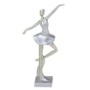 ESCULTURA BAILARINA PRATA DECORATIVA EM RESINA