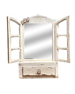 Janela Decorativa em madeira com espelho e gaveta