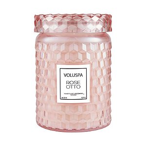 VELA VOLUSPA POTE VIDRO G 100H TAMPA VIDRO ROSE OTTO 510G