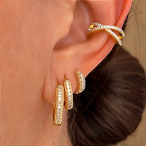 Brinco Trio Argolinha Cravejado e Zircônia Banhado a Ouro 18k