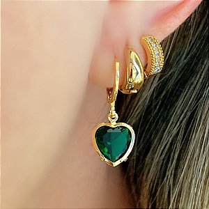 Brinco Argolinha Coração Verde Esmeralda Banhado a Ouro 18k
