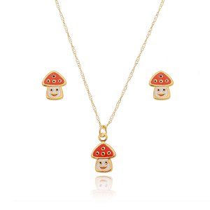 Conjunto Colar e Brinco Infantil Cogumelo Banhado a Ouro 18k