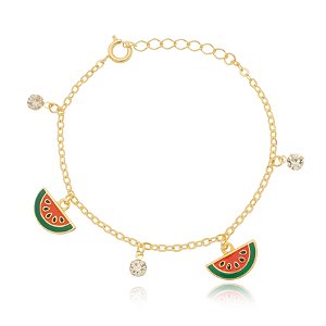 Pulseira Infantil Melancia e Cristal Banhado a Ouro 18k
