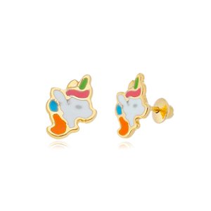 Brinco Duplo Infantil Unicórnio e Estrela Banhado a Ouro 18k