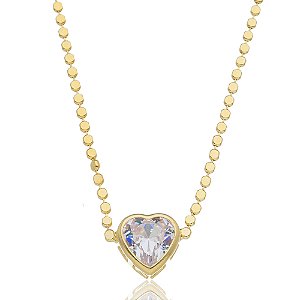 Colar Coração Cristal e Bolinhas Banhado a Ouro 18k
