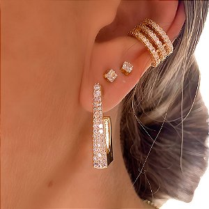 Brinco de Argola Luxo Quadrada e Zirc Analy Banhado a Ouro