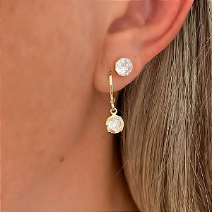 Brinco de Argola Duplo Redondo Cristal Banhado a Ouro