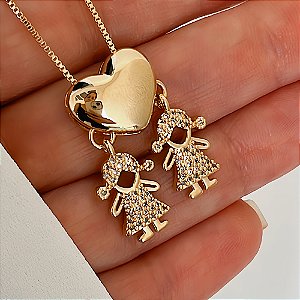 Colar Coração Liso Duplo Duas Meninas Folheado a Ouro