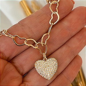 Pulseira Elos Pingente Coração Crav Folheado a Ouro