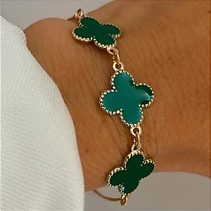 Pulseira Regulável Trevo Resina Verde Banhado a Ouro
