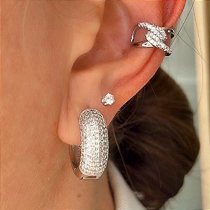 Brinco de Argola Luxo e Zircônias Ray Ródio Branco