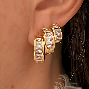 Brinco Trio de Argolas e Navetes Cristais Banhado a Ouro 18k