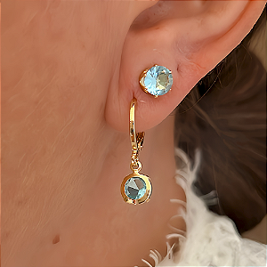 Brinco Duplo Azul Agua Marinha Banhado a Ouro 18k