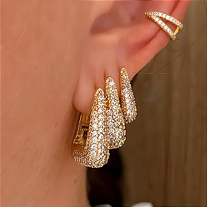 Brinco Trio Quadrado Cravejado Banhado a Ouro 18k