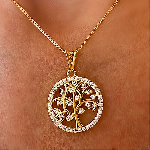 Colar Árvore da Vida e Cristais Livin Banhado a Ouro 18k