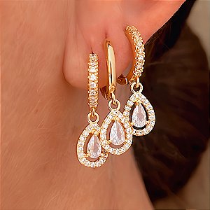 Brinco Trio Mix Gota Cravejado Banhado a Ouro 18k
