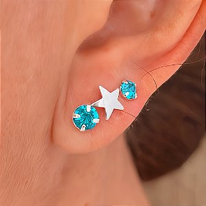 Brinco Trio Cristal Azul e Estrela Banhado a Prata