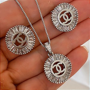 Conjunto Colar e Brinco e Cristais Splendor Ródio Branco