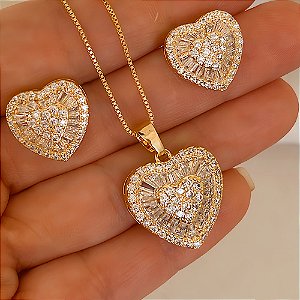 Conjunto Colar e Brinco Coração Crav Navetes Banhado a Ouro 18k
