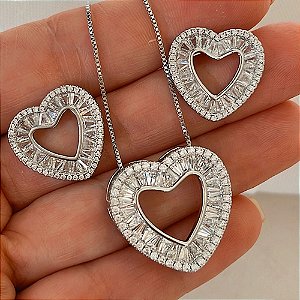 Conjunto Colar e Brinco Coração Vazado Luxo Ródio Branco