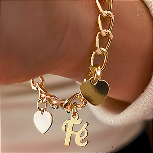 Pulseira Elos Pingente Coração e Fé Banhado a Ouro 18k
