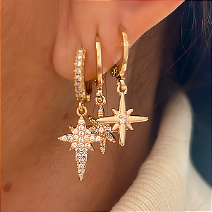 Brinco Trio Mix Star Banhado a Ouro 18k