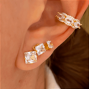 Brinco Trio Ponto de Luz Quadrado Banhado a Ouro 18k