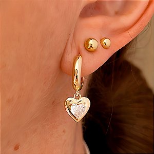 Brinco Argolinha Pingente Coração e Cristal Banhado a Ouro 18k