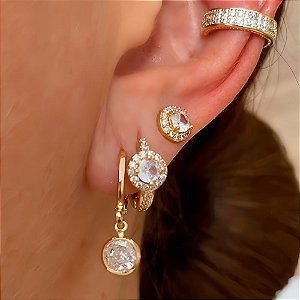 Brinco Trio Mix Cristal Banhado a Ouro 18k