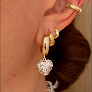Brinco de Argola Luxo Pingente Coração Crav Banhado a Ouro 18k