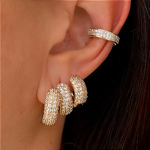 Brinco Trio de Argolas Arredondadas Crav Luxo Banhado a Ouro 18k