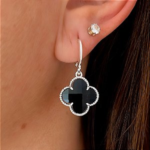 Brinco de Argola Trevo Preta Banhado a Prata