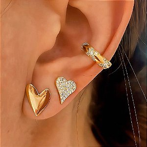 Brinco Duplo Coração Liso e Cravejado Banhado a Ouro 18k