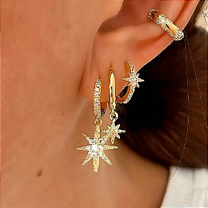 Brinco Trio mix Estelar Banhado a Ouro 18k
