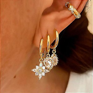 Brinco Trio Mix Cristal Grace Banhado a Ouro 18k