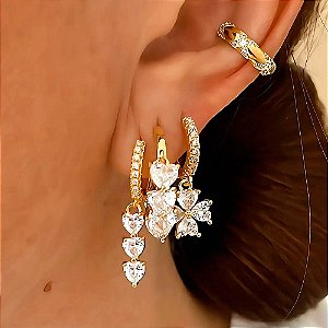 Brinco Trio Mix Chuva de Cristais Banhado a Ouro 18k