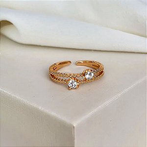 Anel Regulável Dois Fios e Ponto Luz Banhado a Ouro 18k