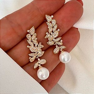 Brinco Pérola Ramos em Cristais Banhado a Ouro 18k